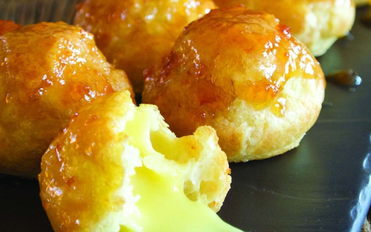 Colliers Cheese Choux Buns filled with Collier’s Cheddar Béchamel and glazed with Seville Orange Marmalade