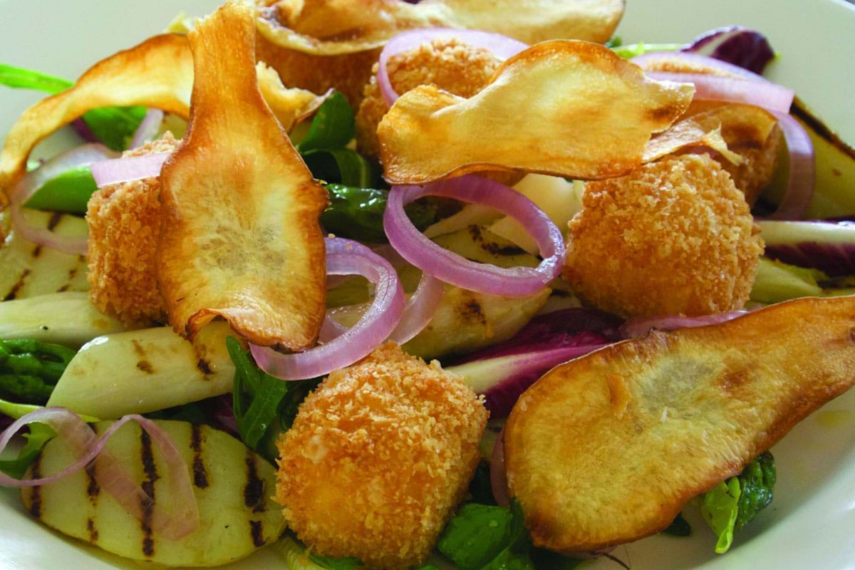 Colliers Cheese New Potato, Grilled Asparagus, Deep Fried Collier’s Cheddar Cheese with Bacon and Pickled Onion Rings